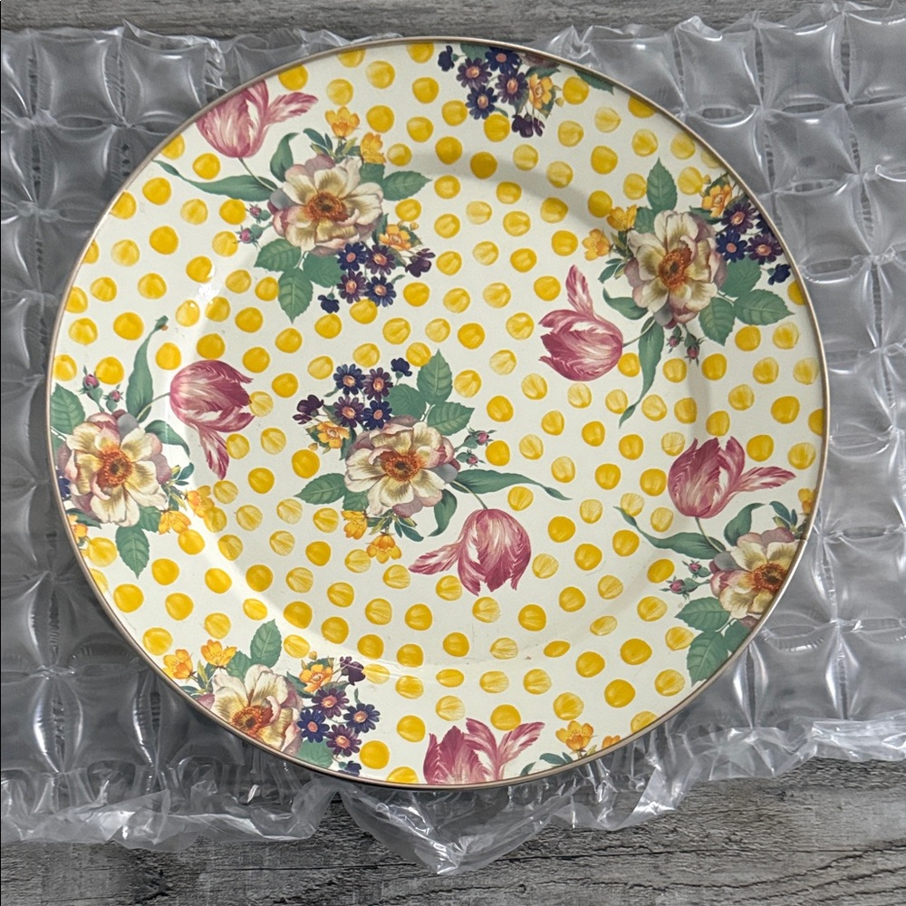 Mackenzie Childs Buttercup Floral Polka Dot Charger 12” Dinner Plate
